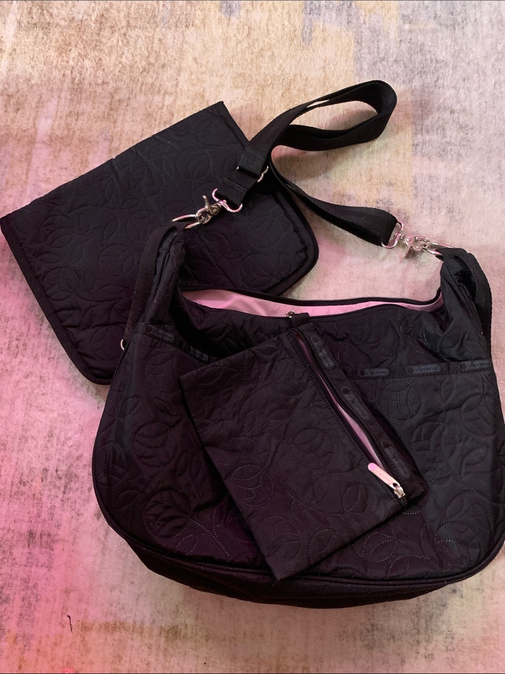 Lesportsac Black Quilted Shoulder Diaper Bag with Matching Pouch/ Changing Pad